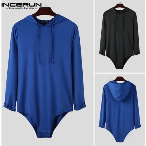 2021 Men T Shirt Bodysuit Hooded Solid Color Fitness Long Sleeve Rompers Tee Tops Streetwear Casual Mens T-shirts S-5XL INCERUN