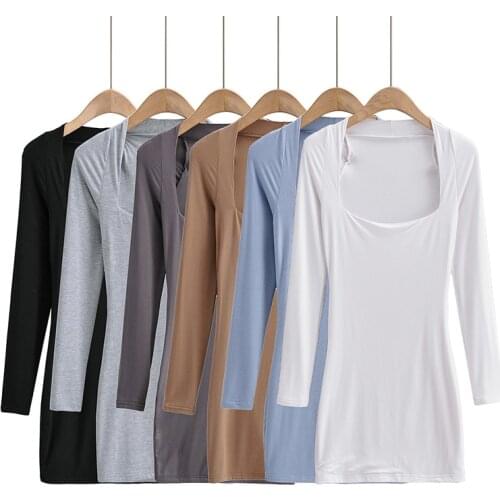 2021 Summer New Arrival Solid Colour Deep Square Neck Long Sleeve Double Layer Bodycon Sexy Mini Dress