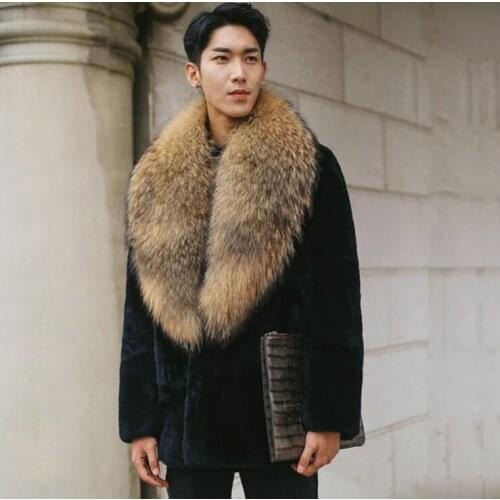 Autumn faux mink leather jacket mens winter thicken warm fur leather coat men slim jackets jaqueta de couro big fur collar black