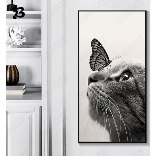 Nordic Cute Cat Posters and Prints Black and White Butterfly Wall Art Pictures Canvas Painting for Living Room Home Decoration