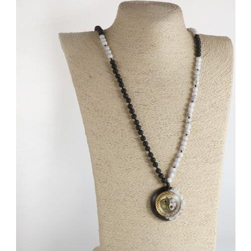 Reiki Healing 6mm Natural White Turquoises Black Lava Stone Beads Tai Chi Yin and Yang Orgonite Pendant Necklace For Men Women