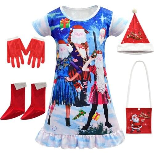 Girls Christmas Dress Descendants Dress Hat Gloves Shoes Bag Gift Festival Party Fancy Xmas Funny Costume Santa Claus Clothing