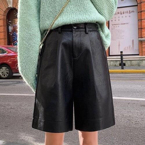Woman Shorts Feminino Summer Loose Knee Length Bermuda Shorts For Women Black PU Leather Shorts Punk High Waist Shorts Mujer