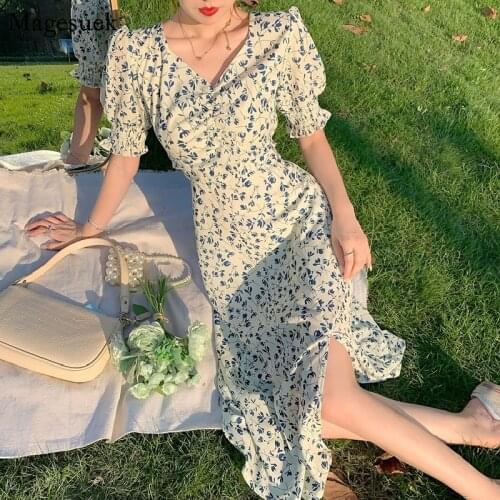 Vintage Summer Floral Dress for Women Party French Print Elegant Dress Lady Casual Split Sexy Dresses Female 2021 Clothes 15268