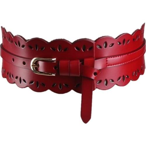 Ladies waist seal Real cowhide High Quality Women Belt With Width Hollow Fashion Decoration Black Red And Gray 67--82CM wide 7CM