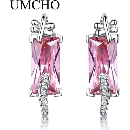 UMCHO Pure 925 Sterling Silver Drop Earrings Female Pink CZ Dangle Earrings For Women Jewelry Christmas Romantic Wedding Gift