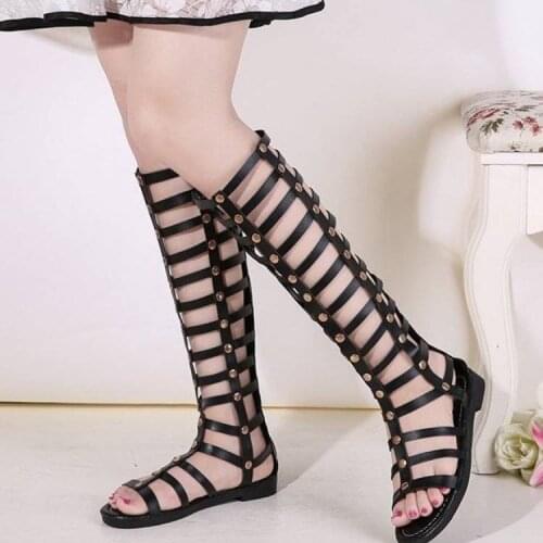Summer New Style Sandals Women European and American Style Rivet Hollow High Tube Sandals Women Summer Flat Bottom