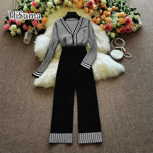 2020 Autumn Winter New Women V-Neck Plaid Pocket Cardigan + High Waist Wide Leg Knitted Pants Two Piece Sets Female Suits