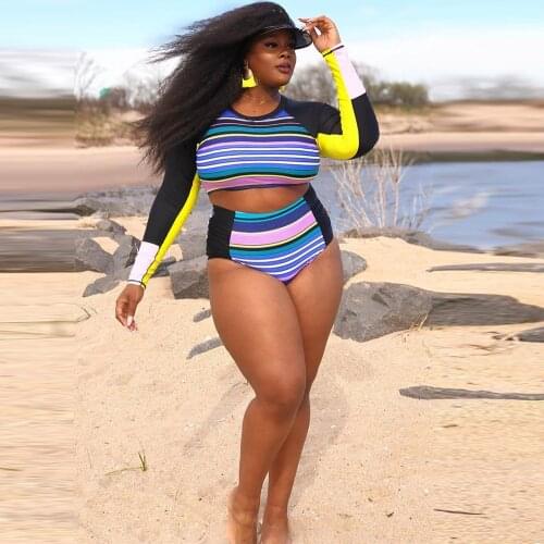 L-4XL large size two piece club swimsuit beach style women long sleeve skinny crop top and empire underpants summer clothes new