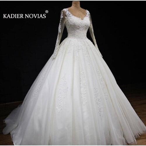 Long Sleeves V Neck White Ball Gown Women Wedding Dress 2021 Robe Mariee Princesse