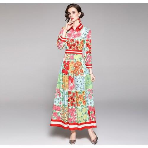 Designer Runway Floral Print Long Dress Womens Turn Down Neck Long Sleeve Party Casual Holiday Boho Maxi Dress k7406