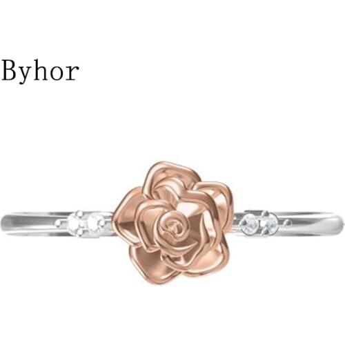 Byhor Solid 14K White+Rose Gold 0.032ct H/SI Natural Diamonds ring Women Fine Jewelry Trendy Wedding Band кольцa flower Ring