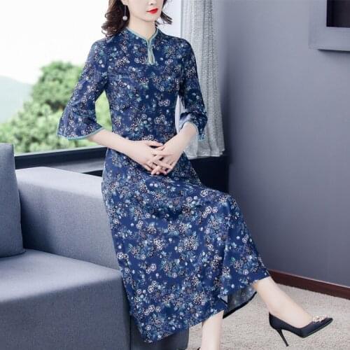 Autumn Chinese Style Floral Vintage Maxi Dress 2021 Spring Casual Print Beach 5XL Midi Dress Women Elegant Bodycon Party Vestido