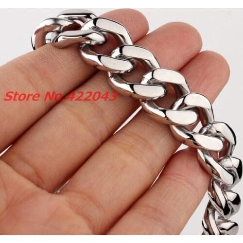7-11"New Fashion Curb Cuban Bangle 15mm Silver color Polished 316L Stainless Steel Cowboy Chain Bracelet Jewelry For Mens Womens
