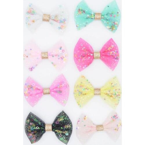 8Pcs 6cm Filling Glitter Sequins Bow Tie Appliques Mesh & Chiffon Patches for DIY Headwear Bowknot Hair Clips Wedding Decor H00