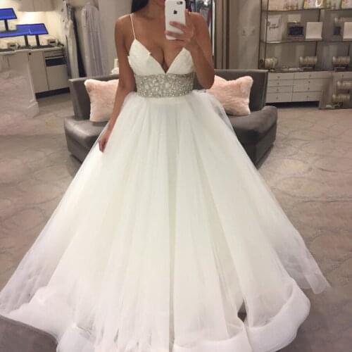 Spaghetti Straps Empire Waist Ruched Ball Gowns Wedding Dress with Silver Sequins Beading Open Back Bridal Gown
