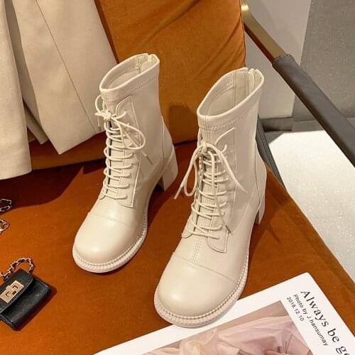 2021 New Autumn Ankle Boots Female Platform PU Leather Lace Up Shoes Ladies Block Heels Solid Fashion Comfortable Footwear