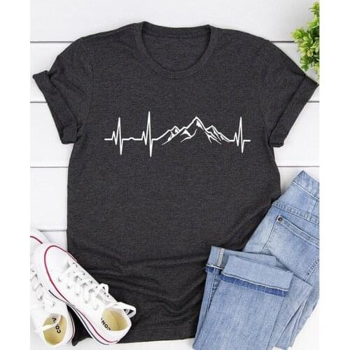 Mountains Heartbeat T-shirt Funny Unisex Graphic Adventure Awaits Tees Tops Casual Women Short Sleeve Summer Hiking Tshirt Femme