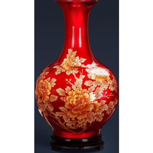 Chinese Style Red and Gold Peony Flower Glazed Red Blue Ceramic Vase for Home Decoration with Wood Base