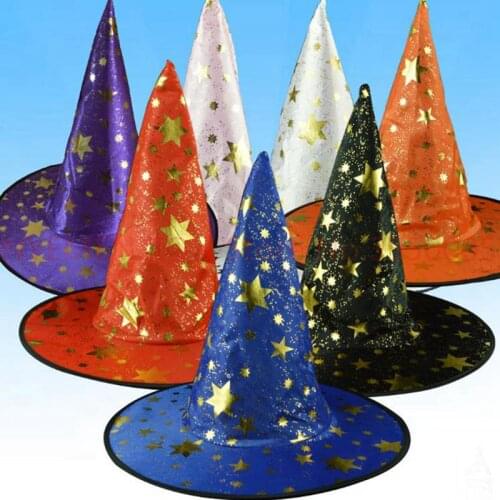 Witch Pointed Cap Colorful Star Print Halloween Costume Party Hats Women Men Halloween Costume Accessory Devil Cap 200pcs
