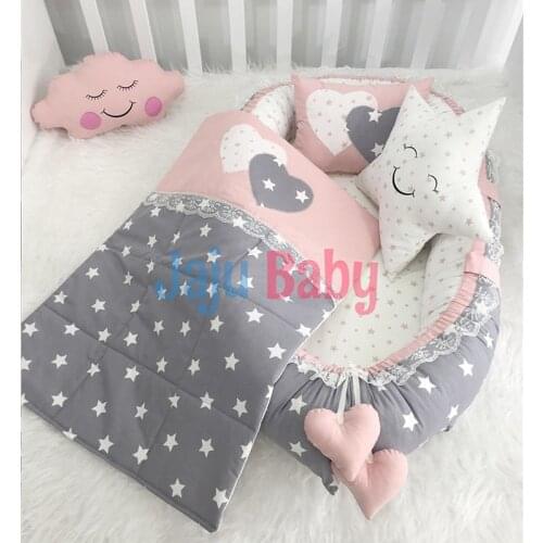 Jaju Baby Hand Made Babynest Gray Stars Luxury Orthopedic Baby Nest and Breastfeeding Pillow 5 Piece Bedding Set
