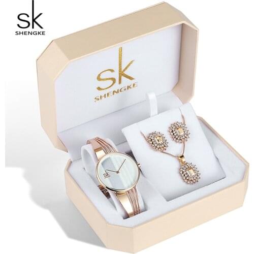 Shengke Rose Gold Watches Women Set Luxury Crystal Earrings Necklace Watches Set 2019 SK Ladies Quartz Watch Gifts For Women