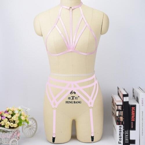 Pink Harness Belt Set Women Fetish Wear Bodysuit Erotic Bondage Harness Harajuku Garters Body Harness Womens Pole Dance Lingerie