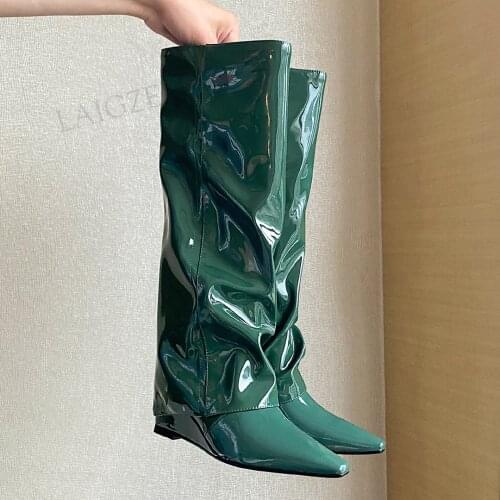 LAIGZEM Women Knee High Boots Side Zip Pleated Pointed Toe 6CM Mid Wedges Ladies Boots Female Ladies Shoes Woman Size 39 41 42