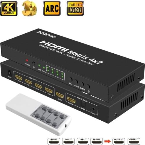 4Kx2K HDMI Matrix 4x2,SGEYR 4 in 2 Out HDMI True Matrix Matriz Switch Splitter with SPDIF +3.5mm Audio Extractor, IR Remote