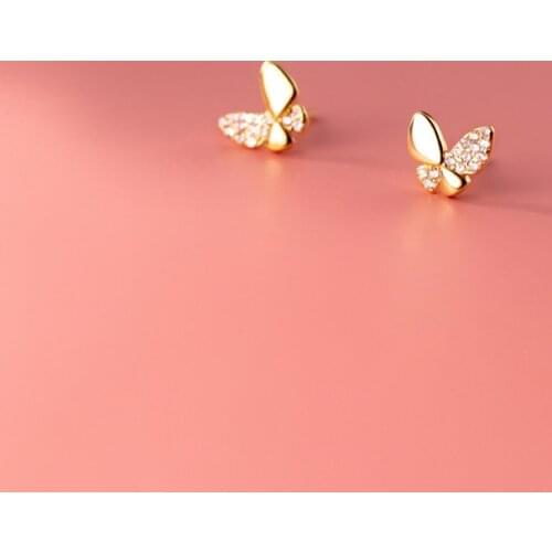 MloveAcc Real 925 Sterling Silver Crystals Cute Butterfly Stud Earring for Women Anti-Allergy Ear Pin Fine Jewelry Kids Gift