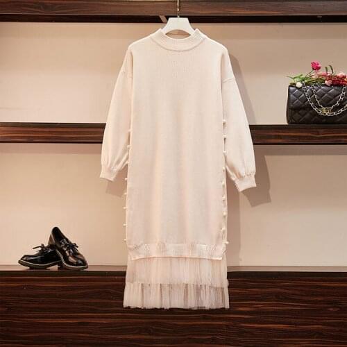 BLLOCUE Fashion Women Autumn Winter Knitted Sweater Mesh Dress Women O-Neck Long Sleeve Elegant Pearls Beading Loose Dress