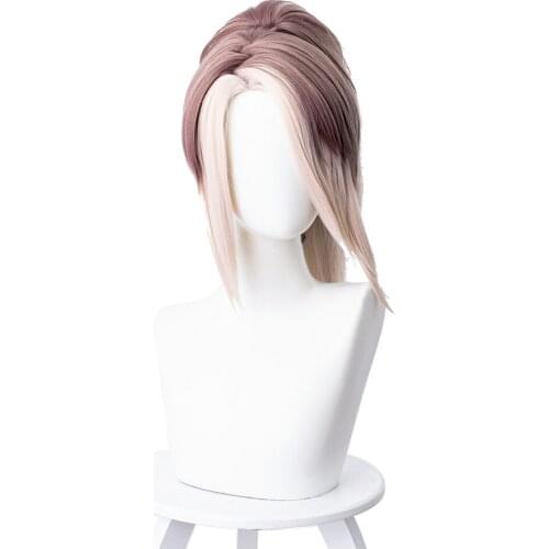 Game LOL K/DA True Damage Akali Cosplay Wig 45cm Mixed Color Heat Resistant Synthetic Hair Wig + Wig Cap