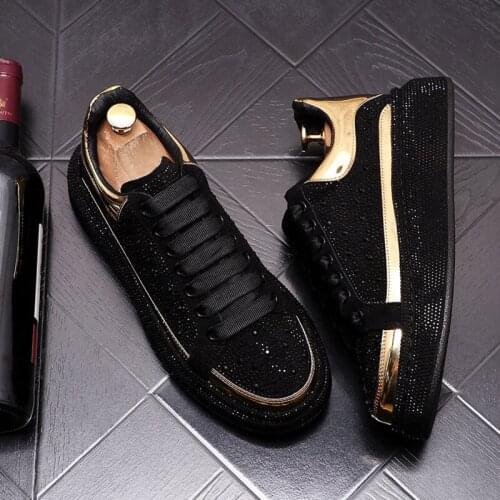 Rhinestone Luxury Designer Sneakers Men Punk Hip Hop Platform Casual Shoes Lace Up Crystal Platform Flats Gold Shoes 126