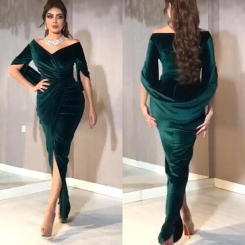Green Arabic Mermaid Evening Dress 2021 Off the Shoulder Side Split Morocco Kaftan Soft Velvet Prom Long Women Party Gowns