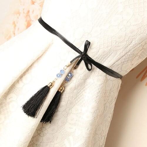 Womens Black Waist Chain With Crystal Tassel Female Ladies Fashion Elegant Decorative Thin Belt Rope For Dress Clothes
