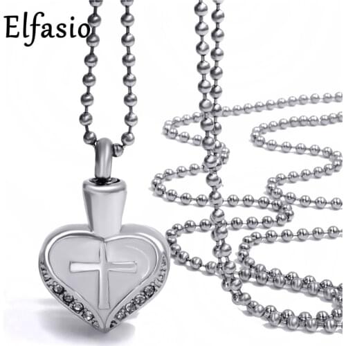 Womens Girl Cross in heart Cremation Keepsake Memorial Urn Stainless Steel Pendant Necklace Chain Jewelry UP023