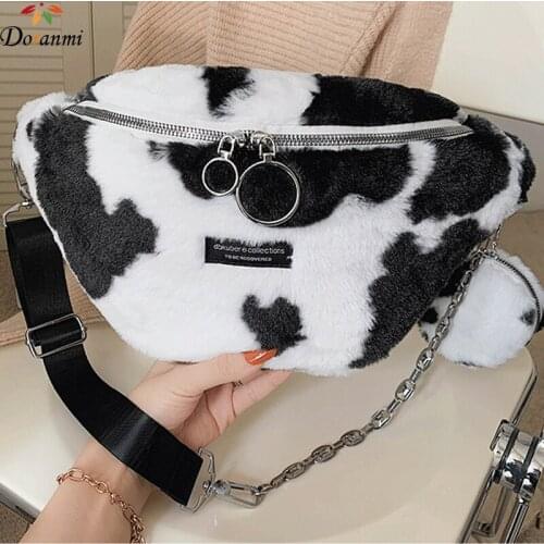 DORANMI Cow Pattern Fanny Pack Womens Fur Waist Bags 2020 Fashion Winter Waist Pack Zebra Fur Nerka Waist Bags Female SB006