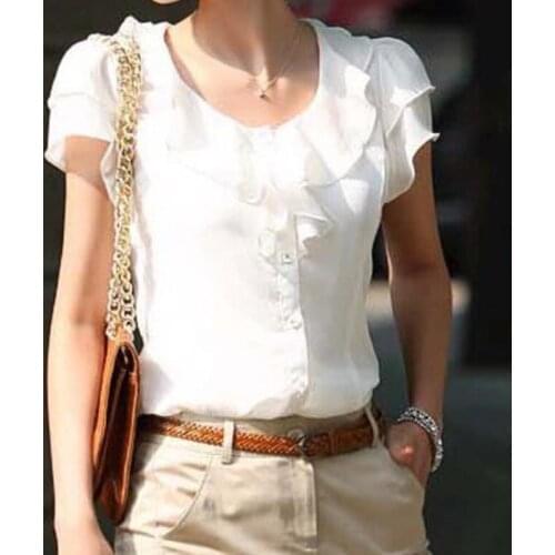 Womens Shirt Top Summer Top Casual Loose Short Sleeve Summer Short Sleeve Chiffon Solid Color Top Elegant OL Blouse