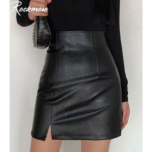 Rockmore Split leather High Waist Zipper Skirt Women Y2K Harajuku Black Sexy Gothic Short Mini Skirts Fashion Festivals Party