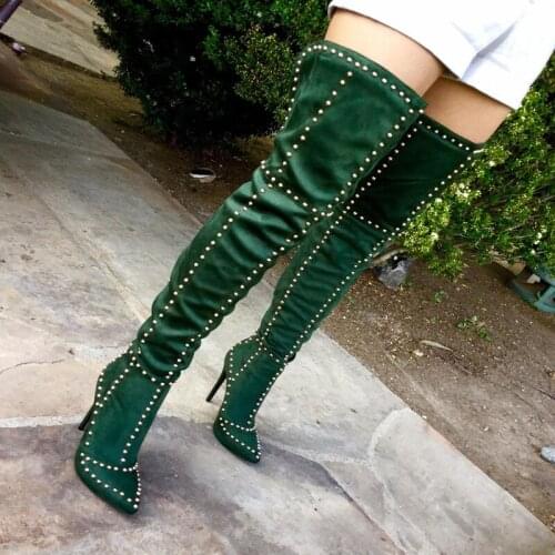 Ladies Dot Rivets Botas Thigh Boots Mujer Sexy Women Spikes Studs Suede Over Knee Boots Pointed Toe Stiletto High Heels Shoes
