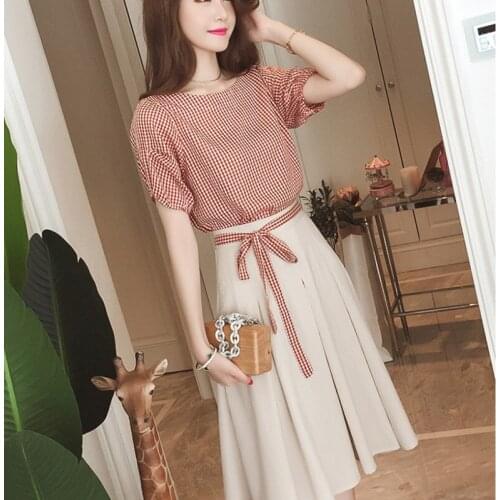 Womens Summer Dress Sets 2021 Fashion Short Sleeve Round Neck Plaid Tops T Shirt+Solid Bandage Pleated Skirt