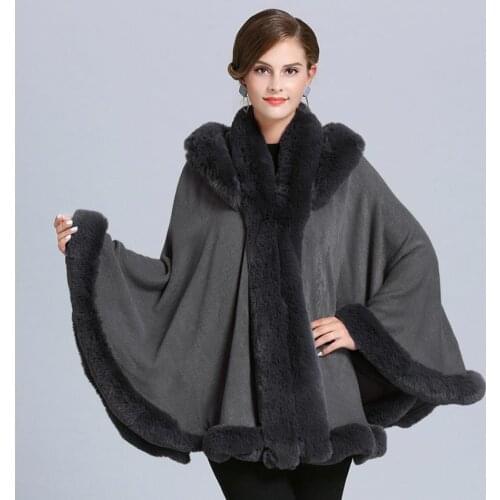 Winter Europe new Fashon oversize loose imitation fox fur collar knit coat female bat sleeve cardigan shawl cloak jackets F207
