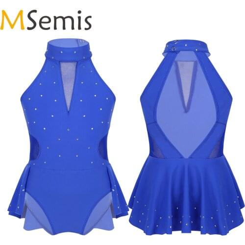 Girls Figure Ice Skating Dress Ballroom Dress Rhinestone Mesh Splice Ballet Gymnastics Leotard Contemporary Rave Dance Costume