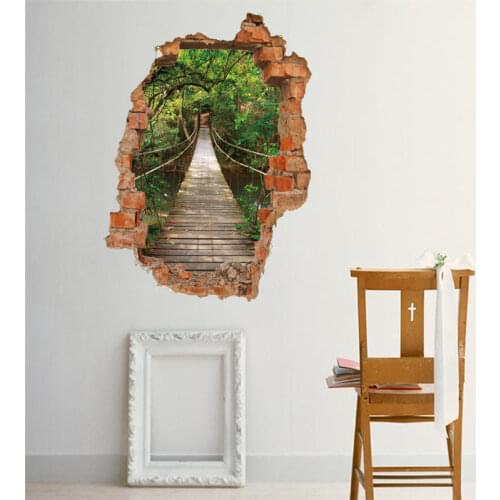 1PC Green Broken Wall Suspension Bridge Forest 3D Wall Sticker For Living Room Bedroom Corridor Decorative70*50CM