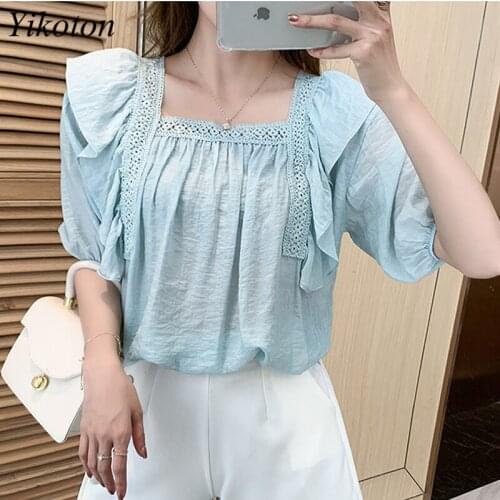 Elegant Solid Color Ruffle Blouse Shirts Women Summer Short Sleeve Square Collar Pullover Tops Office Lady Casual Blusa Top Pink