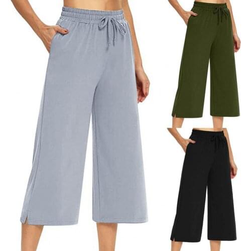 Spring and Autumn New Wide-Leg Pants Solid Color Soft Drawstring Pockets Elastic Waist Women Capri Pants for Daily Life