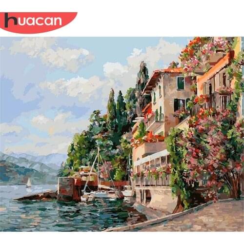 HUACAN Painting By Number Seaside House Drawing On Canvas HandPainted Painting Art Gift DIY Pictures By Number Kits Home Decor