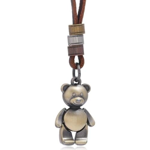 Jessingshow Retro Punk Mens Genuine Leather Rope Necklace Mens Alloy Bear Pendant Necklace Men Accessories Jewelry Gift