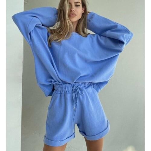 Women Solid Casual Tracksuit Two Piece Set Oversize Sweatshirts And Shorts Suits 2021 Summer Autumn Sportswear Outfit Y2k Set