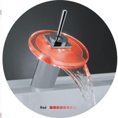 The Round LED Basin Faucet Brass Waterfall Temperature Colors Change Bathroom Mixer Tap Deck Mounted Wash Sink Glass Basin Taps
